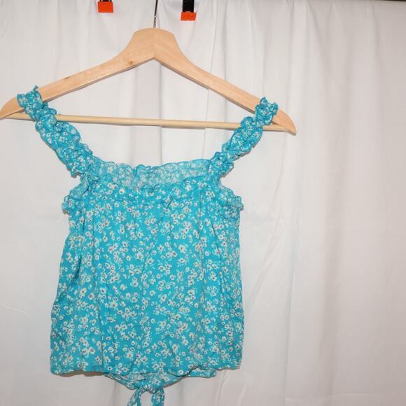 SO Cropped Top Light Blue Floral Size Tie Front otton Soft Ruffle Sleeves - Picture 8 of 11